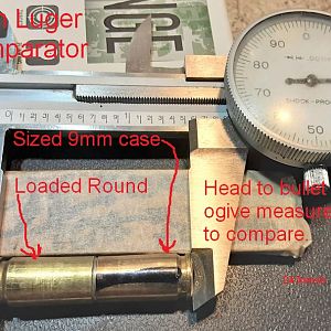 9mm Comparator  Head to bullet Ogive.  Lead COL maximum 1.045"